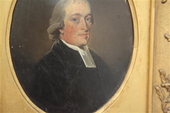 Early 19th century English School Portrait of Rev J. Bourne and companion piece, Rev John Clarke as a Boy, ovals, 6.75 x 5in.